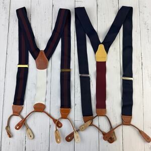 2- VTG Brooks Brothers Burgundy & Navy Strip Leather Suspenders USA England